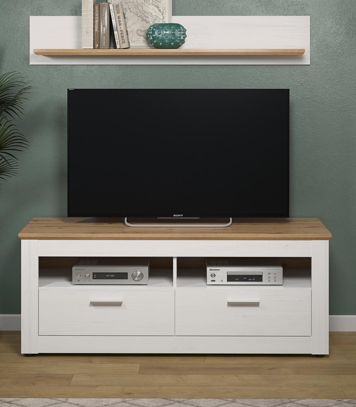 TV-LOWBOARD Pinie weiß, Eiche Artisan Landhaus 148 x 59 cm, Fernsehtisch in Komforthöhe - Silberfarben/Schwarz, Holzwerkstoff/Kunststoff (148/59/45cm) - Top.Furn