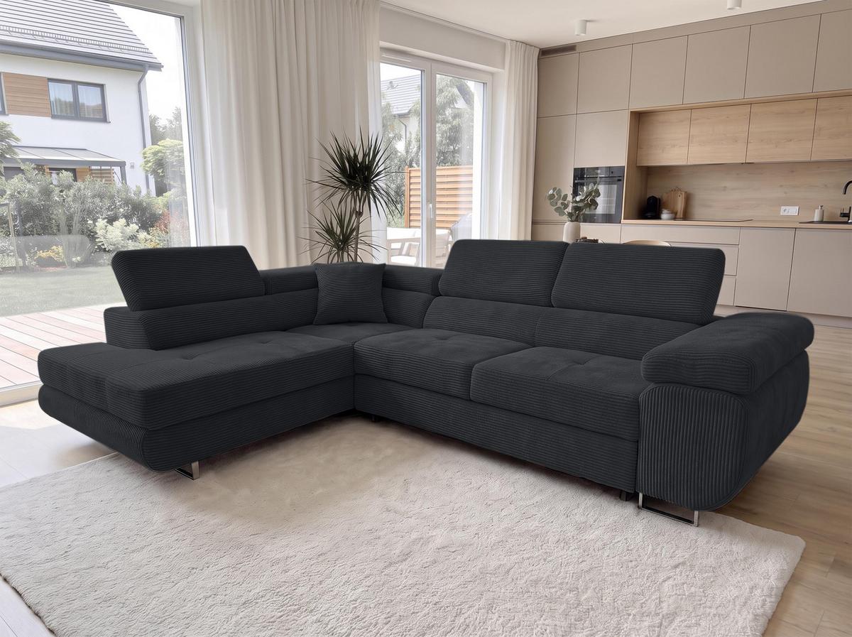 ECKSOFA L Form Konak Schwarz 276/201/90 cm Links mit Schlaffunktion - Silberfarben/Schwarz, Textil/Metall (203/276cm) - AX Living