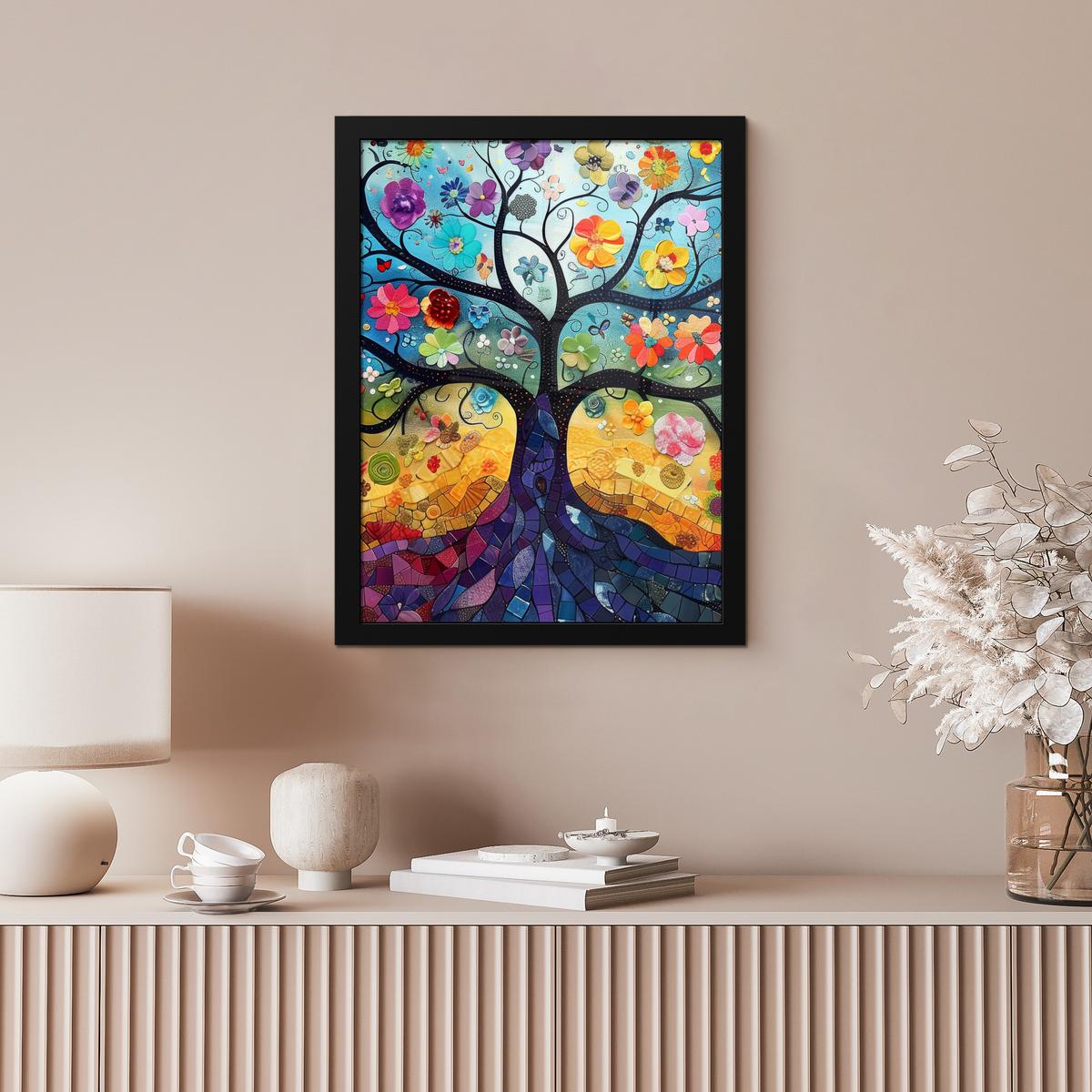 POSTER MIT RAHMENGERAHMTES BILD Kunst - Baum des Lebens - Blumen - Hippie Bilderrahmen 30x40 cm - Dunkelblau, Papier (30/40cm) - MuchoWow