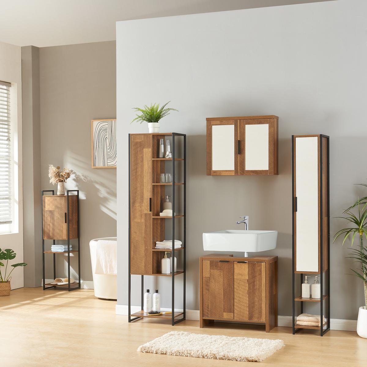 HOCHSCHRANK Namsskogan - Walnussfarben/Schwarz, Holzwerkstoff/Metall (24/160/30cm) - [en.casa]