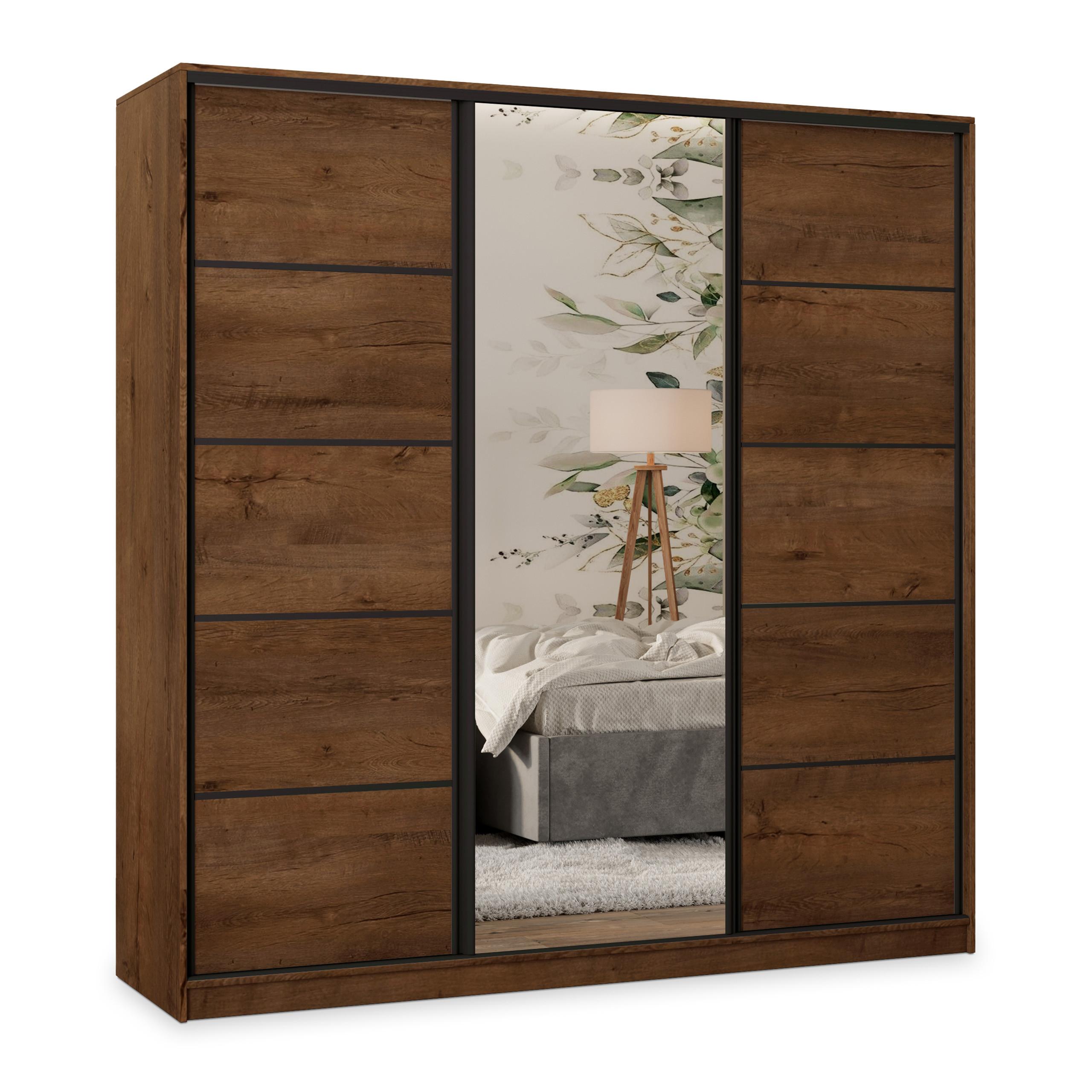 SCHWEBETÜRENSCHRANK PINA 180/205/58 cm 3-türig mit Spiegel und Schubladen Eiche Lefkas - Eichefarben/Schwarz, Holzwerkstoff (180/205/58cm) - MASSENO