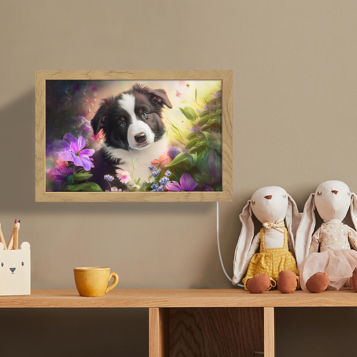 WANDLEUCHTE Welpe - Sonne - Blumen - Natur - Border Collie - Hund 30x20 cm - Violett, Holzwerkstoff (30/20/8cm) - OnlyWow
