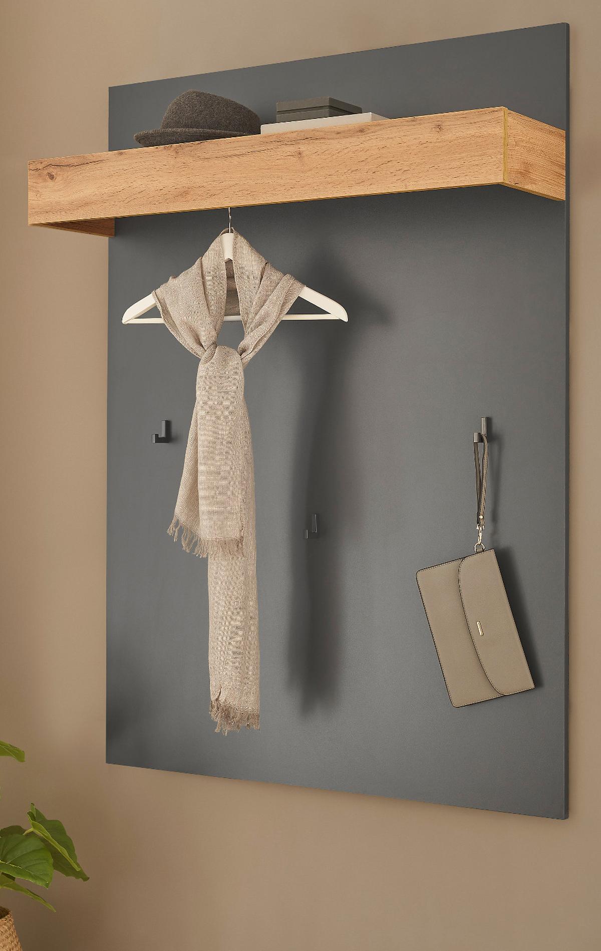 GARDEROBENPANEEL grau matt, Eiche Wotan 100 cm, Wandgarderobe mit Kleiderstange - Eiche Wotan/Grau, Holzwerkstoff/Metall (100/135/25cm) - Furn.Design
