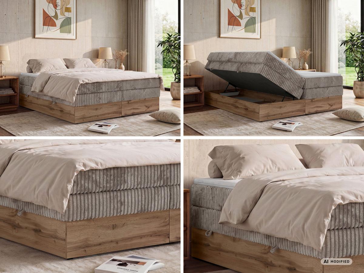 BOXSPRINGBETT WOOD ZERO KING 180/200 - Hellbraun Cord - Topper T25 - H3 - Hellbraun/Schwarz, Kunststoff/Textil (180/200cm) - MKS