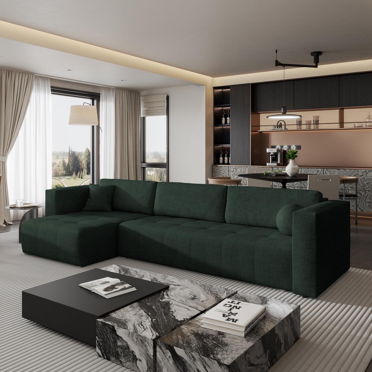 ECKSOFA OLVERA Grün Geflochtener Stoff mit Schlaffunktion - Grün, Holz (347/148cm) - MASSENO