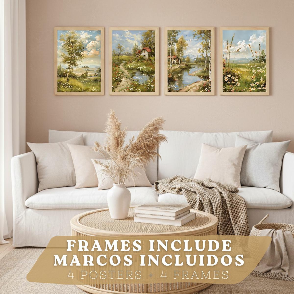 POSTER 4er Bilder-Set Wandbilder Impressionismus Landschaft modern Wohnzimmer Deko, Schlafzimmer, Küche, Badezimmer Leichter Holzrahmen A4 - Beige, Papier (29.7/1/21cm) - Nacnic