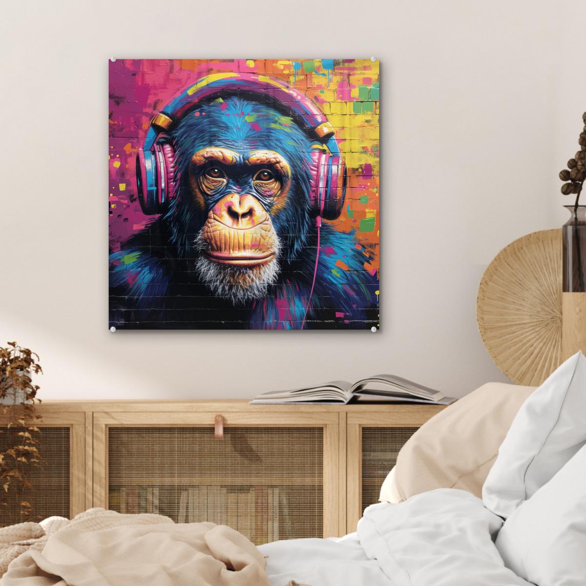 ACRYLGLASBILD Graffiti - Schimpanse - Straßenkunst - Kopfhörer - Affe 50x50 cm - Blau, Glas (50/50cm) - MuchoWow