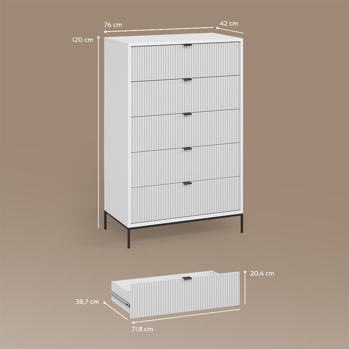 KOMMODE Aterno Weiß 76 x 120 cm mit 5 Schubladen - Weiß, Holzwerkstoff (76/120/42cm) - Livinity®