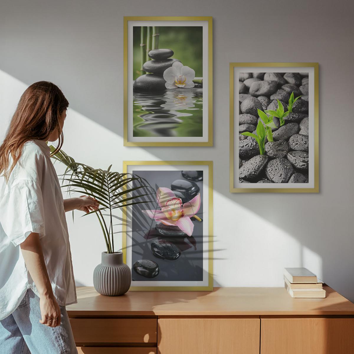 BILDER SET 3er Set - 40x60 cm Goldrahmen - Eine ruhige Zen-Komposition aus Blumen und Wasser - Goldfarben, Kunststoff (40/60cm) - TULUP