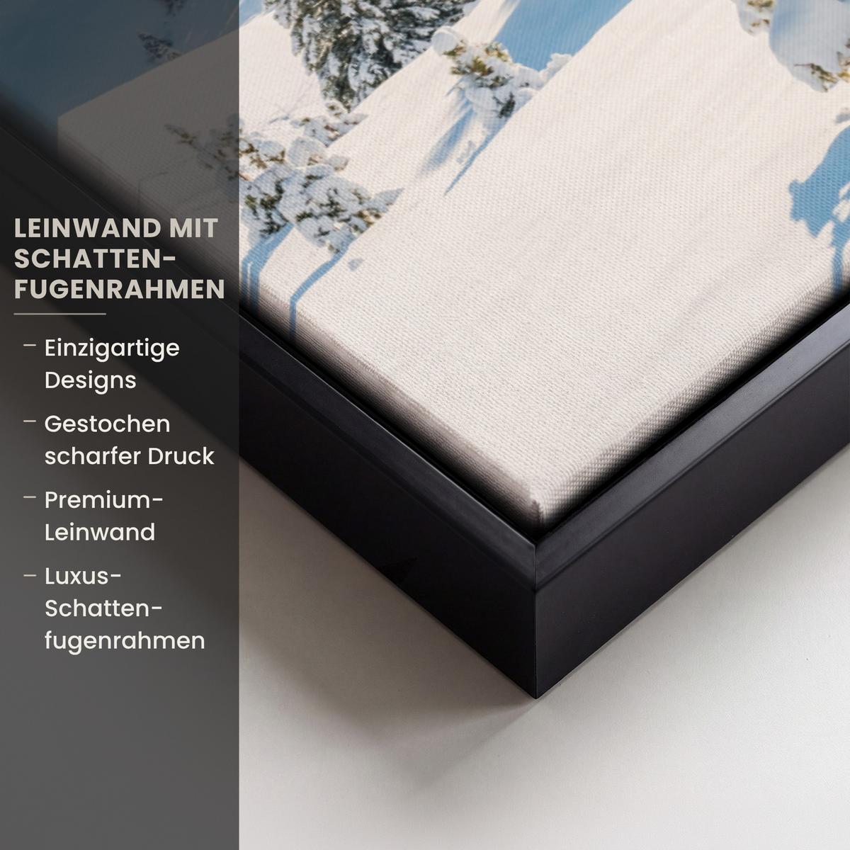 LEINWAND Bilder mit Rahmen - Winter - Hütte - Berge - Aussicht - Schnee - 70x50 - Eichefarben, Textil (70/50cm) - MuchoWow
