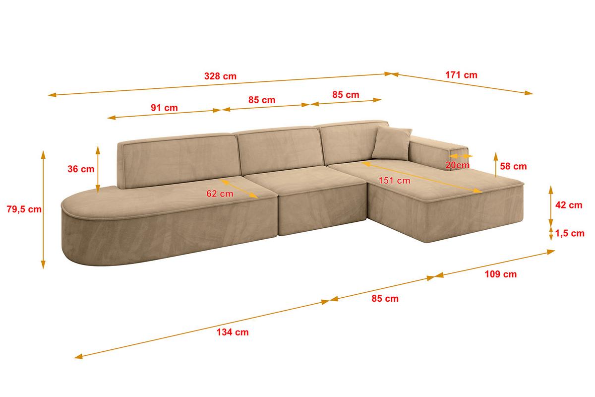ECKSOFA Ottomane Rechts IREA-L2-v4 - 328x171x79 cm Beige - Beige, Holzwerkstoff/Textil (171/328cm) - ALTDECOR