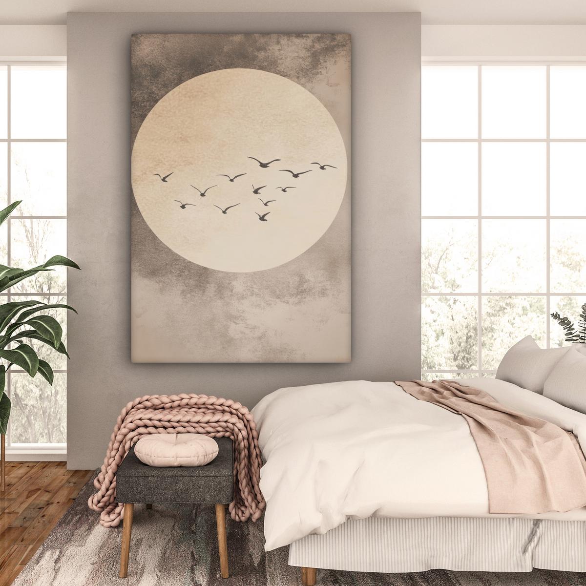 LEINWANDBILD Vogel - Beige - Japanisch Deko Groß 90x140 cm - Taupe, Textil (90/140cm) - MuchoWow
