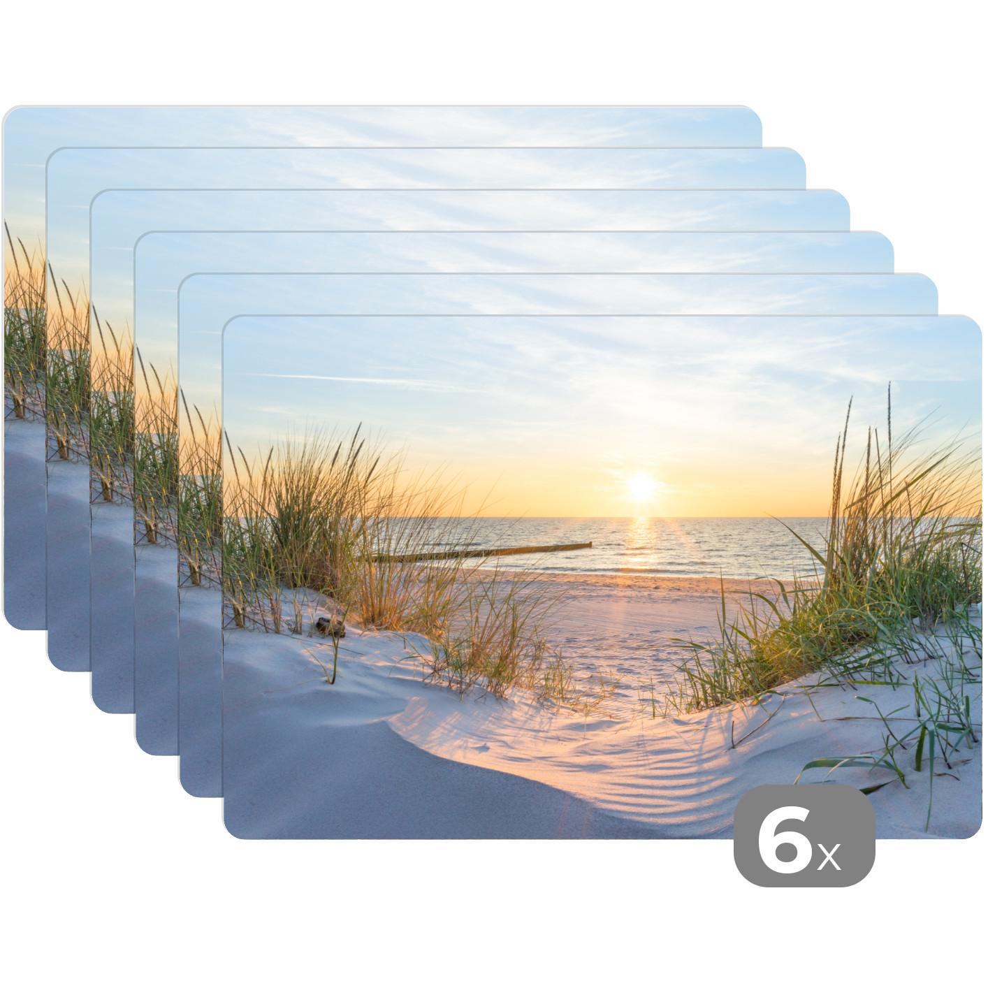 PLATZSETS 6er-Set Strand - Sonne - Düne - Gras - Sand - Horizont Abwaschbar 45x30 cm - Sandfarben, Kunststoff (0.3/45/30cm) - MuchoWow