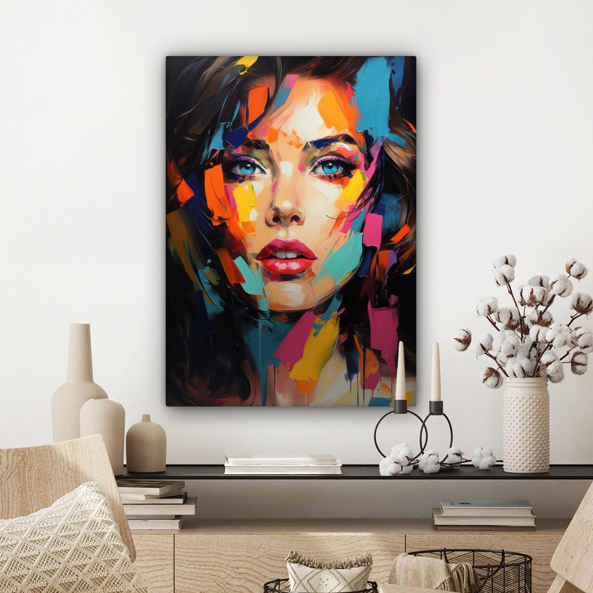 LEINWANDBILD Frau - Porträt - Farbenfroh - Kunst Wandbild Wohnzimmer 60x80 cm - Multicolor, Textil (60/80cm) - MuchoWow