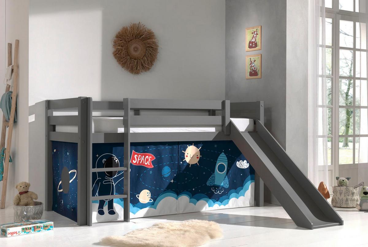 HOCHBETT mit Rutsche Karolina Massivholz Grau Textilset Rakete - Türkis/Grau, Holz (90/200cm) - 58aufmkessel