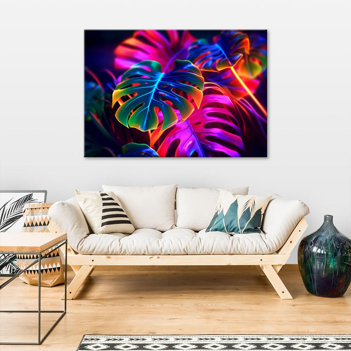 LEINWANDBILD Monstera fluoreszierende Blätter 120x80cm - Multicolor, Textil (120/80cm) - Feeby