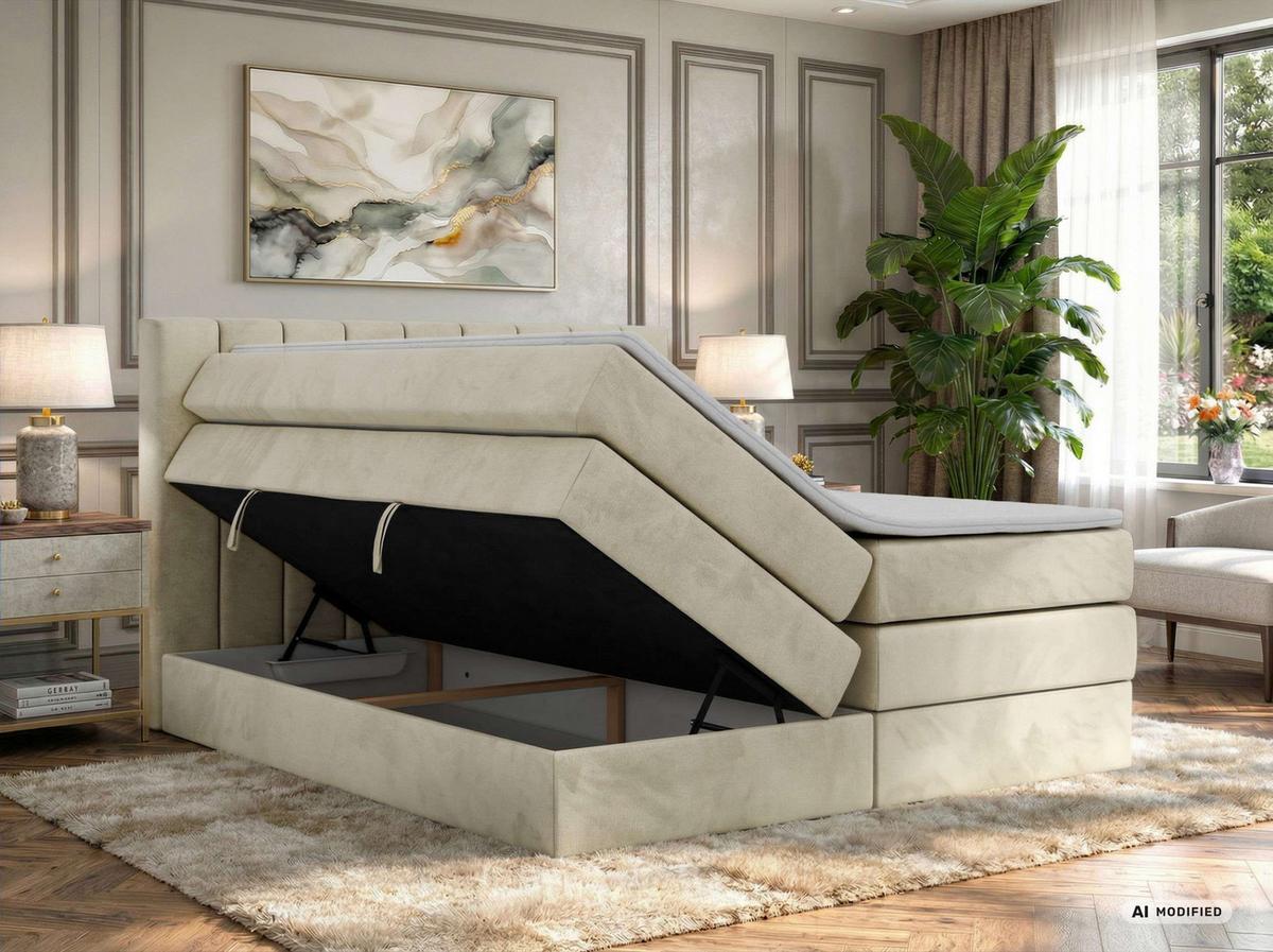 BOXSPRINGBETT ALVER KING 180/200 - Beige Velvet - Topper T25 - H4 - Beige/Schwarz, Kunststoff/Textil (180/200cm) - MKS
