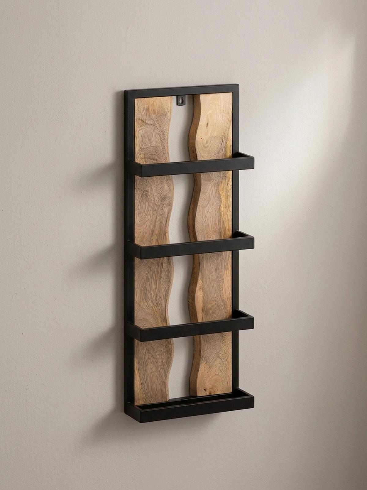 WANDREGAL Mango Massivholz Metall Industrial Stil 30x80x10 cm Rechteckig mit 4 Ablagen und Wellenmuster - Braun, Holz (80/30/10cm) - KADIMA DESIGN