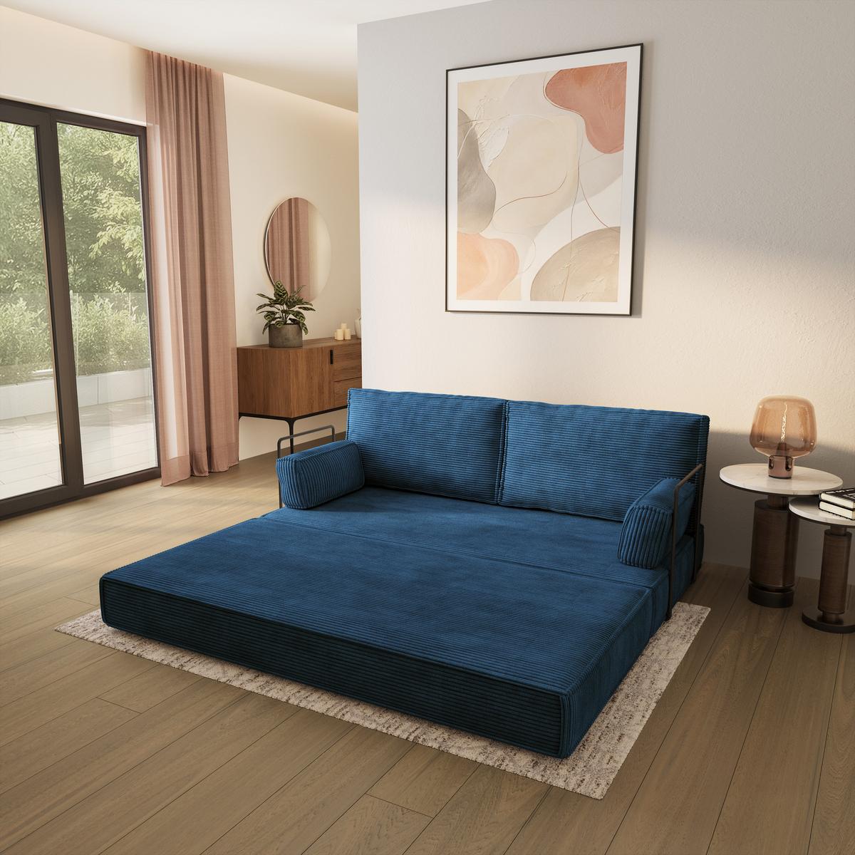 BETTSOFA SILAR aus Schaumstoff Kordstoff Blau Schlaffunktion - Blau, Textil (170/86/80cm) - MASSENO