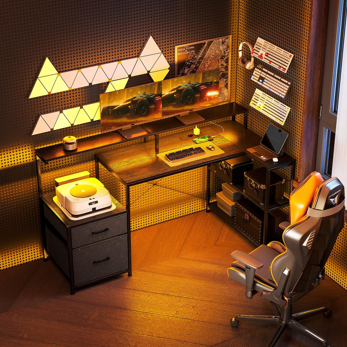 GAMING Tisch L-förmiger 165 x 80 cm Schreibtisch mit LED & Steckdosen 2 Schublad - Schwarz, Holzwerkstoff/Metall (165/80/91.5cm) - HOMCOM