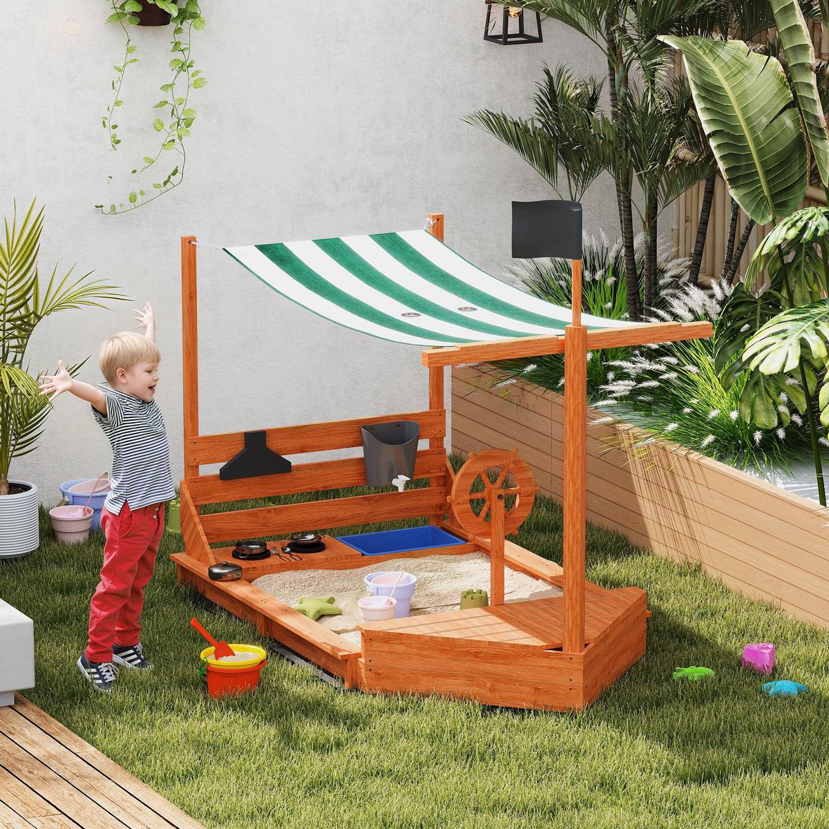 SANDKASTEN Sandkiste groß mit Abdeckung im Schiff Design Matschekiste aus Holz - Orange, Holz (180/103/144.5cm) - Outsunny