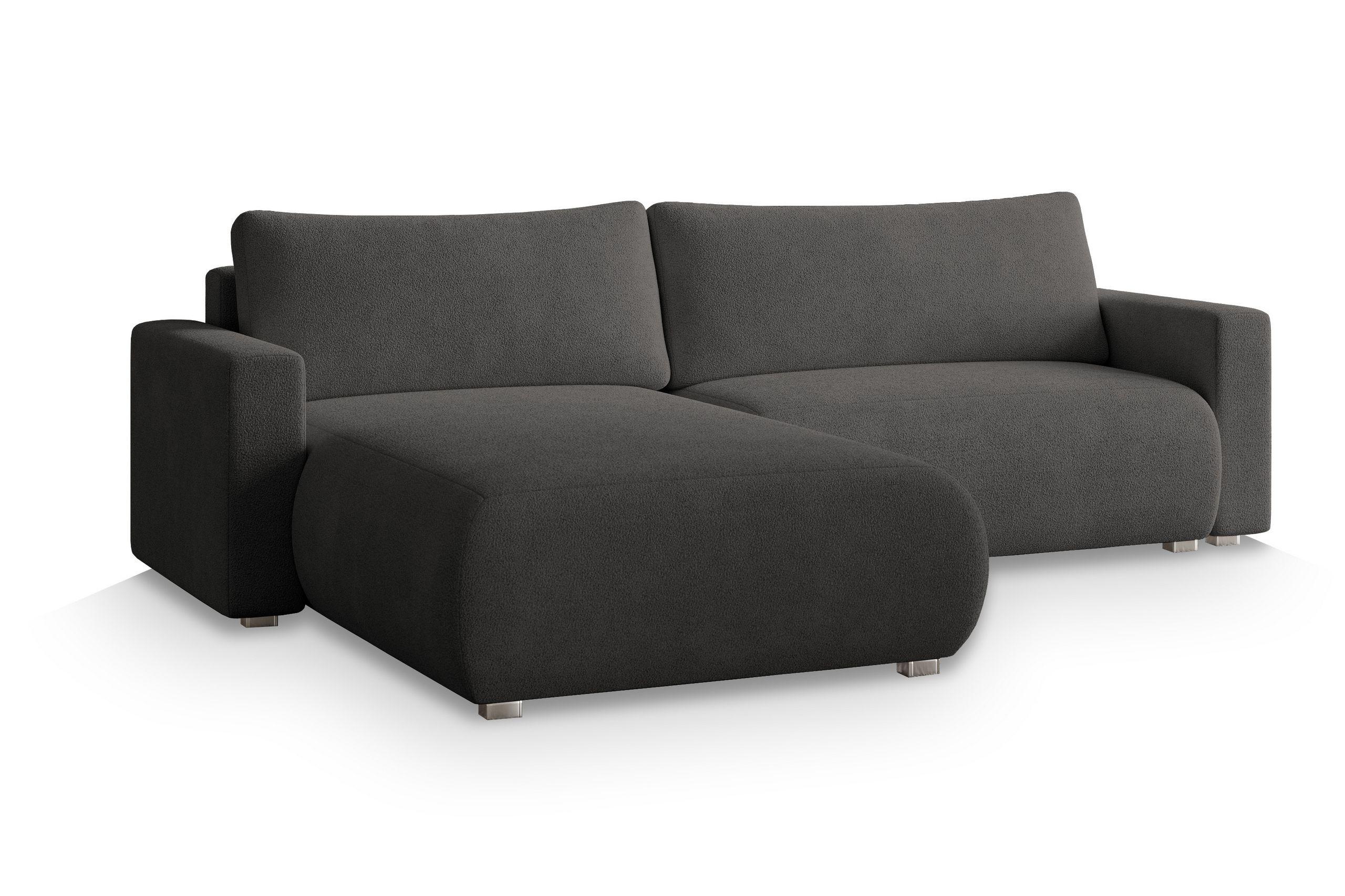 ECKSOFA TURIN N Grau Bucle-Stoff mit Schlaffunktion - Grau, Holz/Kunststoff (265/183cm) - MASSENO