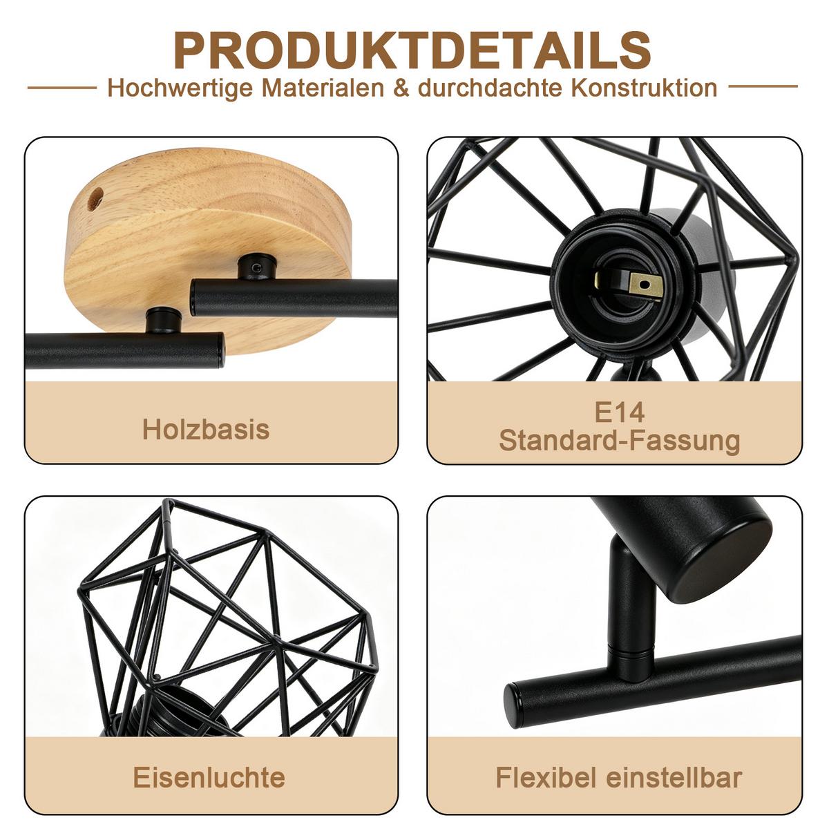 DECKENSTRAHLER Evvin 70/9.2/15.5 cm - Schwarz/Braun, Holz/Metall (70/9.2/15.5cm) - ZMH