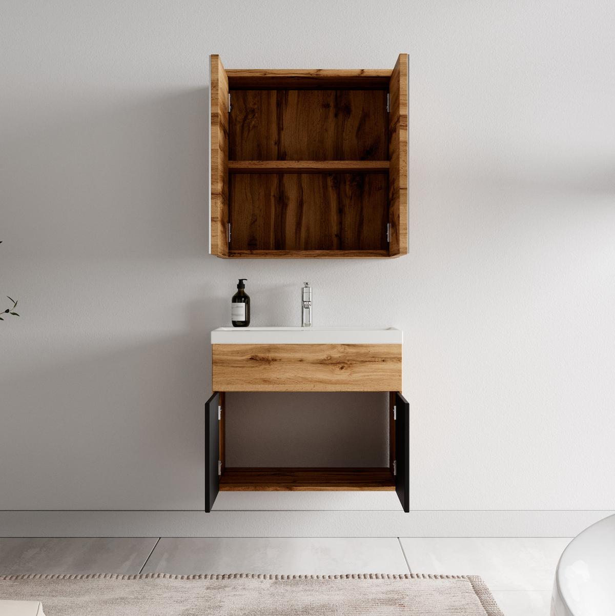 BADMÖBEL-SET Montreal 3 Teile Eiche / Schwarz - 60 x 35 x 51 cm - Eichefarben/Schwarz, Holz (60/53/35cm) - Badplaats