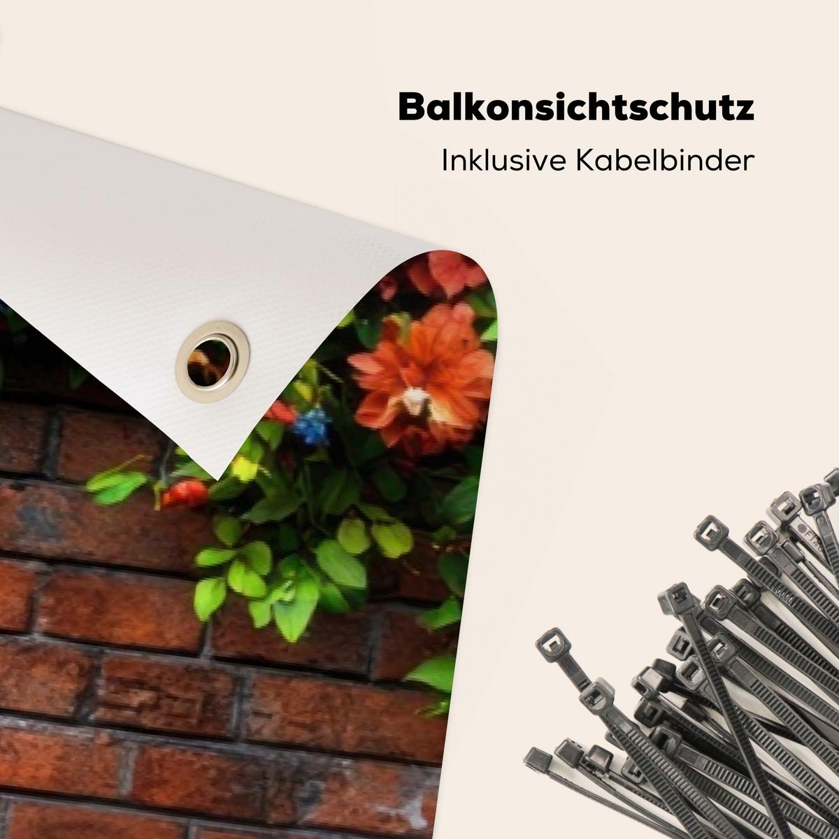 BALKON-SICHTSCHUTZ Blumen - Wand - Grün - Orange Windschutz 300x90 cm - Rotbraun, Kunststoff (300/90cm) - MuchoWow