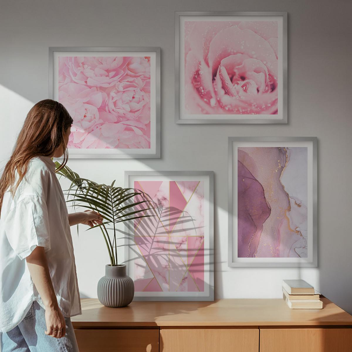 BILDER SET 4er Set - 50x50 cm & 40x60 cm Silberner Rahmen - Rosa geometrische Pfingstrosen - Silberfarben, Kunststoff (50/50cm) - TULUP