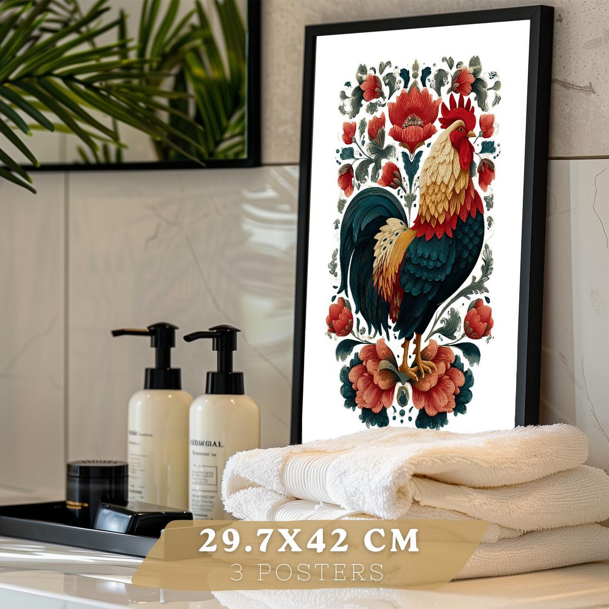 POSTER 3er-Set Kunstdrucke im Folk-Stil, dekorative Tier Blumenmotive, farbenfrohe Kunstposter für Zuhause, Wohnzimmer, Badezimmer Schwarzer Rahmen A3 - Schwarz, Papier (42/29.7/3cm) - Nacnic
