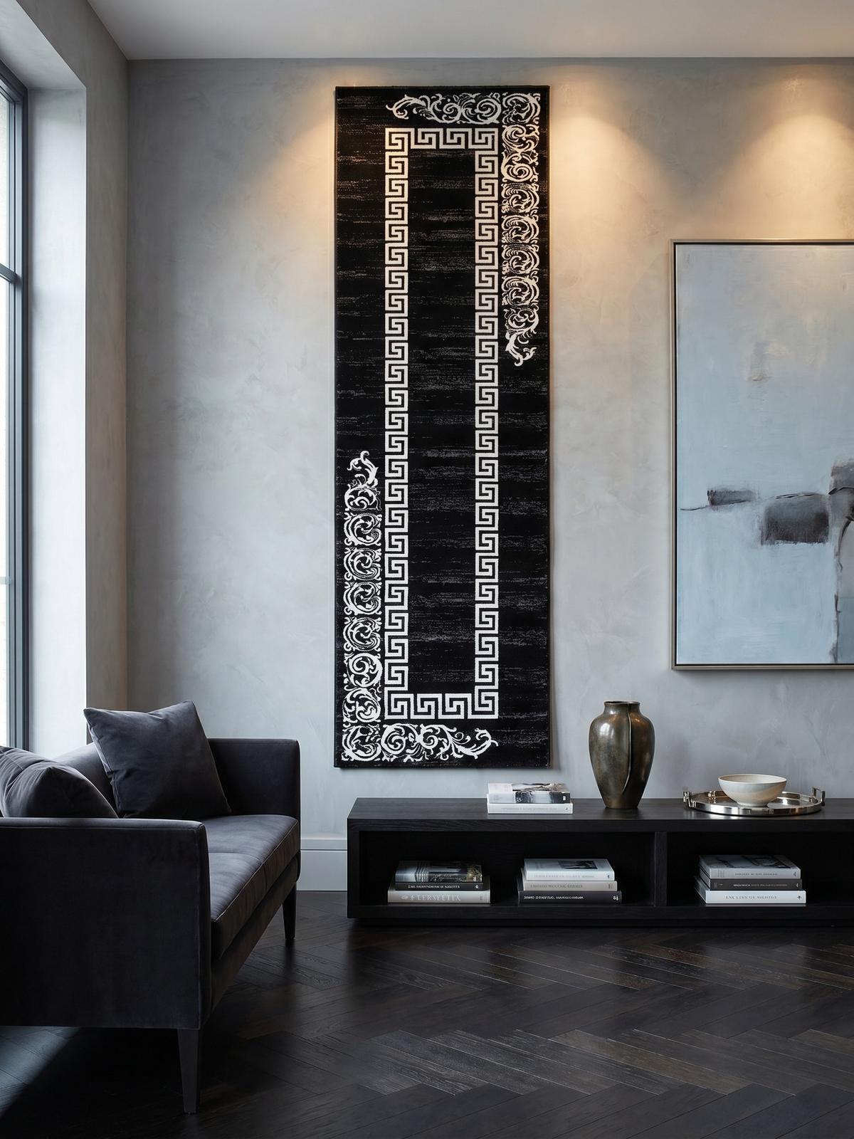 TEPPICH Kurzflor ASPEN in Schwarz, mit Mäander-Muster, 80 x 300 cm - Schwarz, Textil (80/300cm) - KADIMA DESIGN