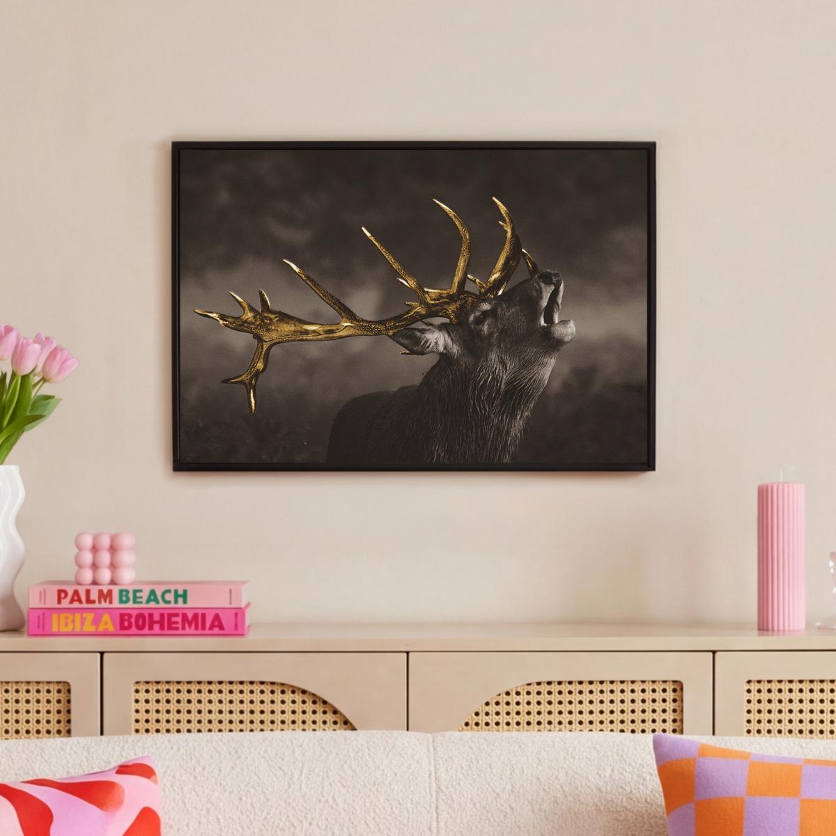 LEINWAND Bilder mit Rahmen - Rotwild - Schwarz - Gold - 60x40 - Braun, Textil (60/40cm) - MuchoWow