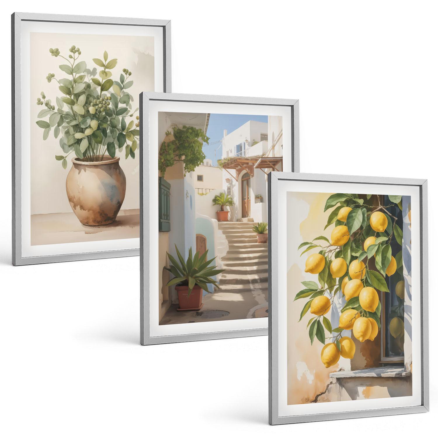 BILDER SET 3er Set - 40x60 cm Silberner Rahmen - Zitronenblumen im Topf, Straßen - Silberfarben, Kunststoff (40/60cm) - TULUP