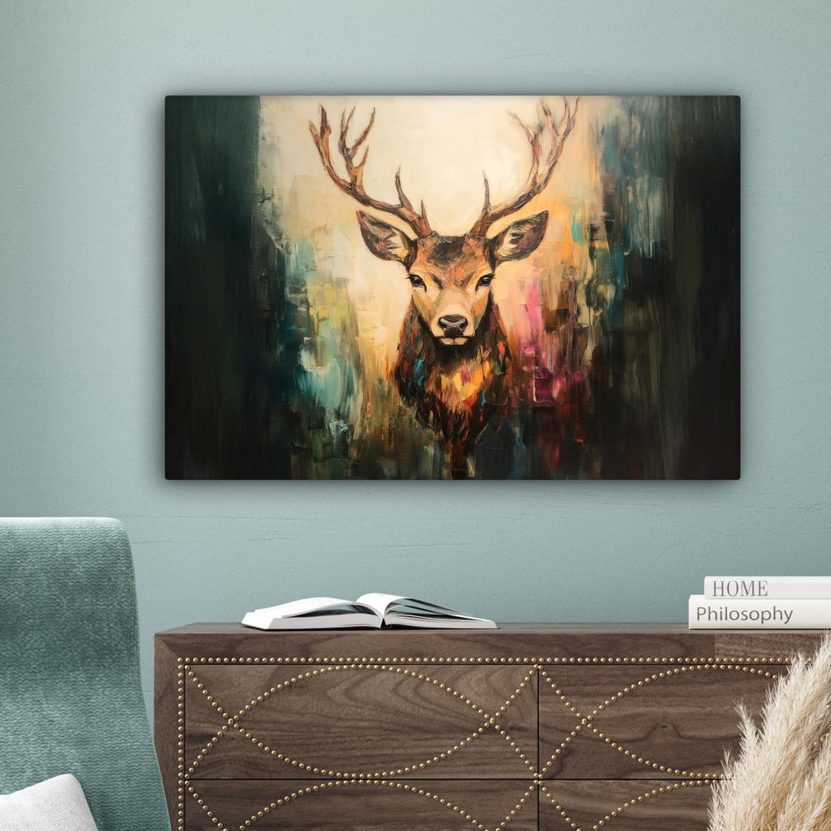 LEINWANDBILD Hirsch - Gemalt - Geweih - Braun Wanddeko 90x60 cm - Haselnussfarben, Textil (90/60cm) - MuchoWow