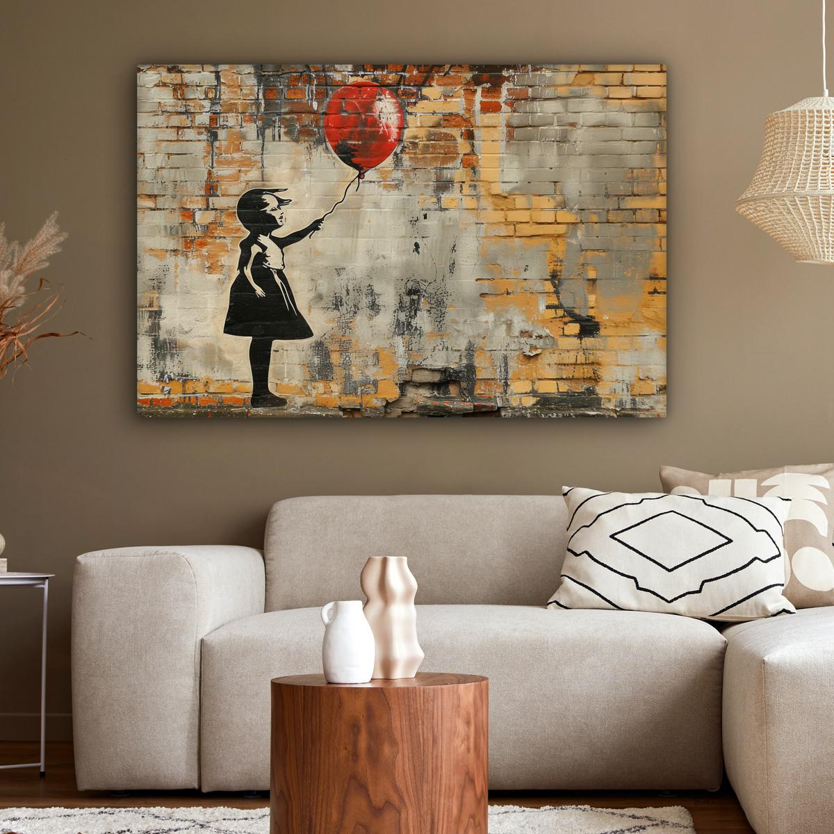 LEINWANDBILD Graffiti - Banksy - Mädchen - Straßenkunst Wohnzimmer Groß 120x80 cm - Sandfarben, Textil (120/80cm) - MuchoWow