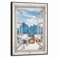 LEINWAND Bilder mit Rahmen - Winterlandschaft - Hütte - Berge - Ausblicke - Aussicht - Natur - 60x80 - Weiß Hochglanz, Textil (60/80cm) - MuchoWow