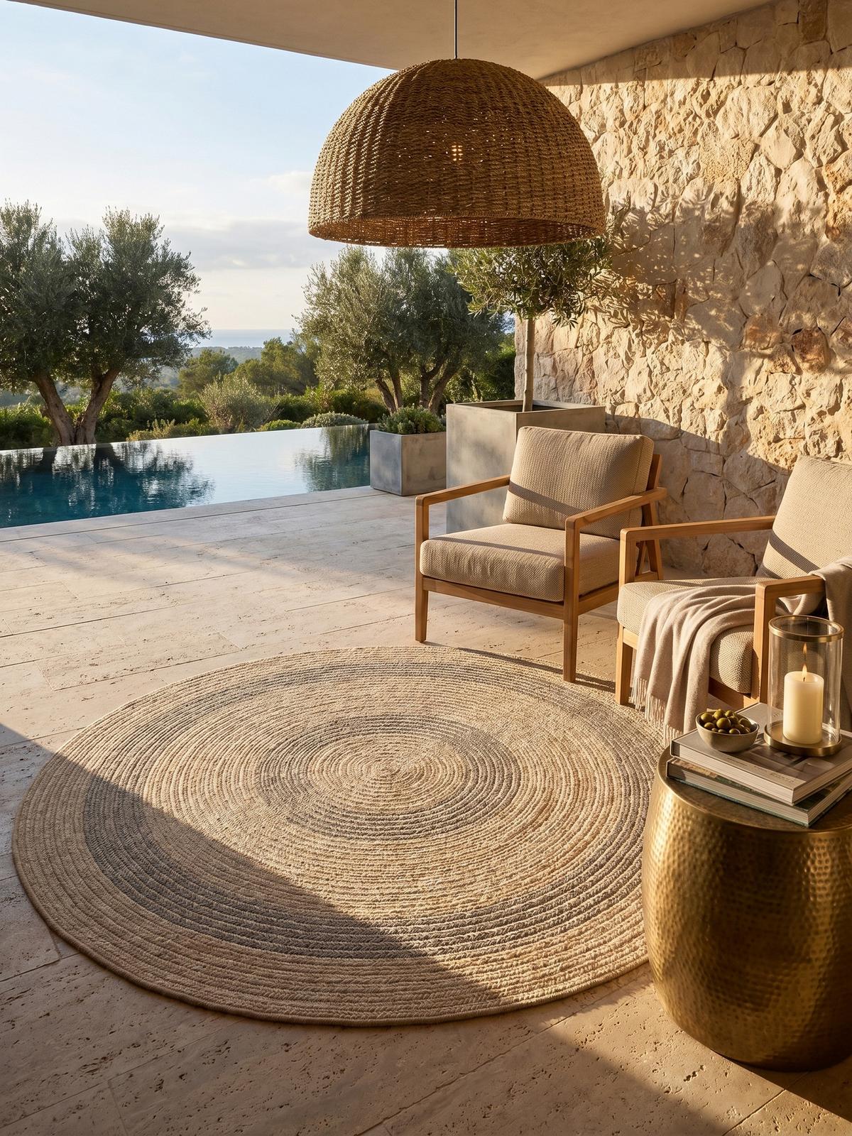 OUTDOORTEPPICH KAUNS, im Vintage-Stil, Schwarz, Ø 200 cm - Beige, Textil (200/200cm) - KADIMA DESIGN