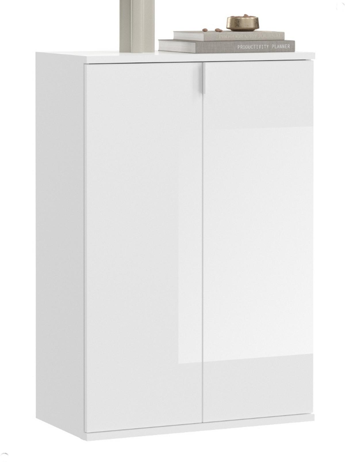 KOMMODE Weiß Hochglanz 61 x 99 cm 2-türig, Mehrzweckschrank, Schuhschrank mit 6 Fächern - Weiß Hochglanz/Silberfarben, Holzwerkstoff/Kunststoff (61/99/34cm) - Inn.Furn