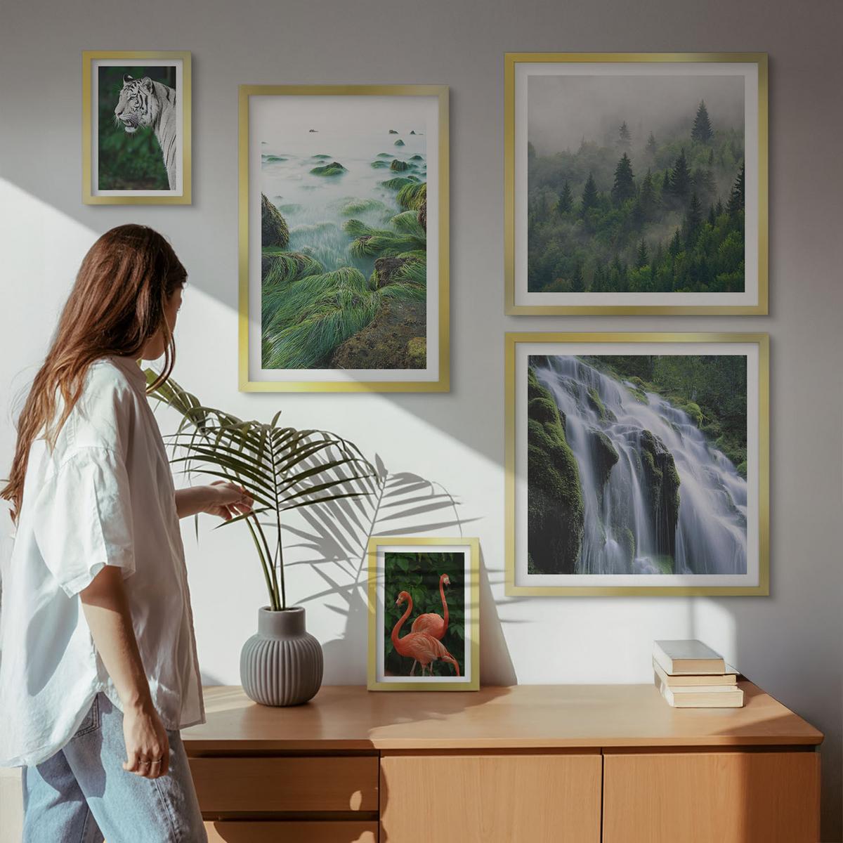 BILDER SET 5er Set - 50x50 cm & 20x30 cm & 40x60 cm Goldrahmen - Tiger Wasserfall Flamingos Natur - Goldfarben, Kunststoff (40/60cm) - TULUP