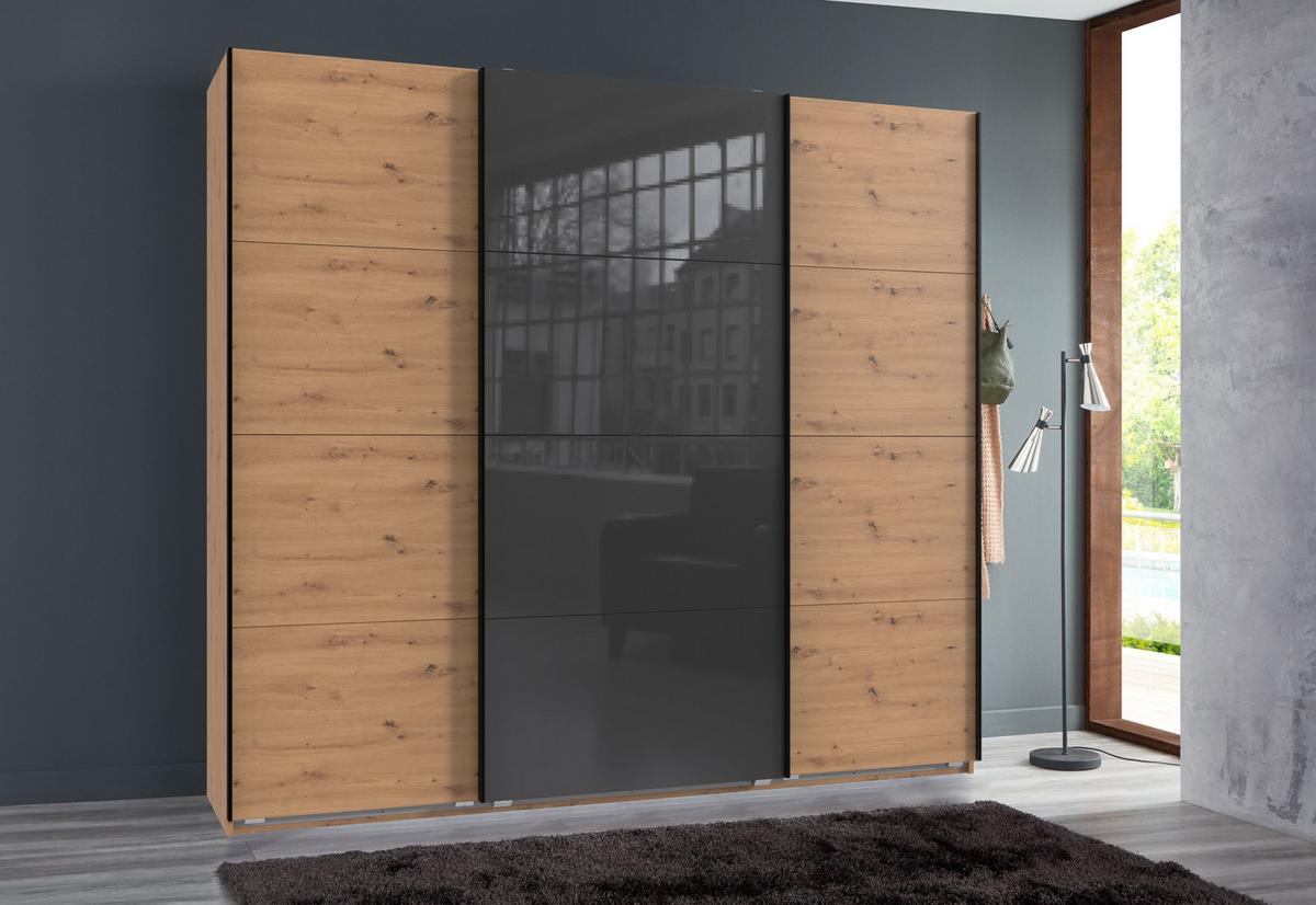 SCHWEBETÜRENSCHRANK 3-türig B225/H236/T64 cm extrahoch in Eiche Artisan Dekor, Kleiderschrank mit einer Glasfront-Tür in Grau / 22545 - Eichefarben/Goldfarben, Holzwerkstoff/Metall (225/236/64cm) - luma-home