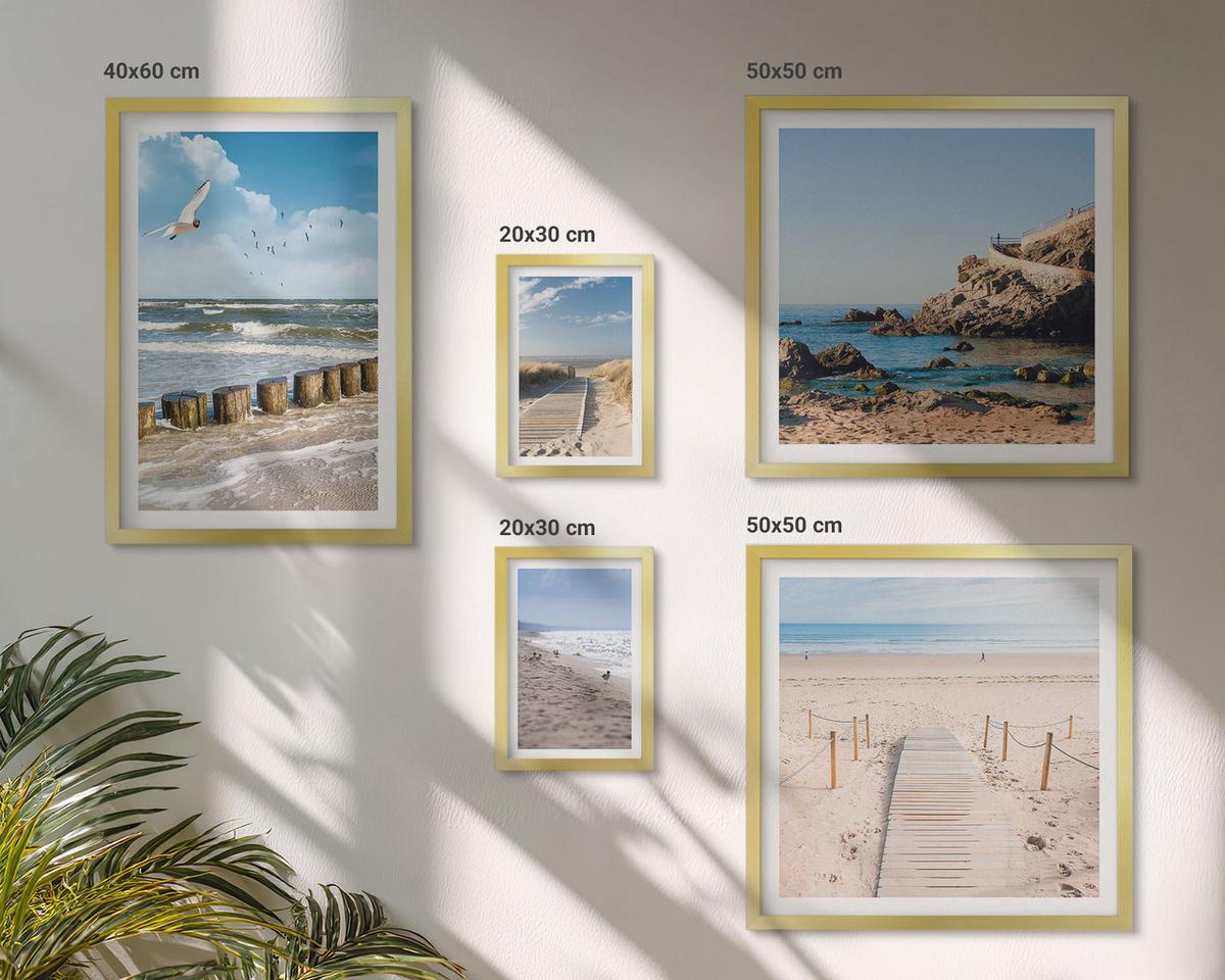 BILDER SET 5er Set - 50x50 cm & 20x30 cm & 40x60 cm Goldrahmen - Strand, Sand, Wellen, Himmel, Vögel - Goldfarben, Kunststoff (40/60cm) - TULUP