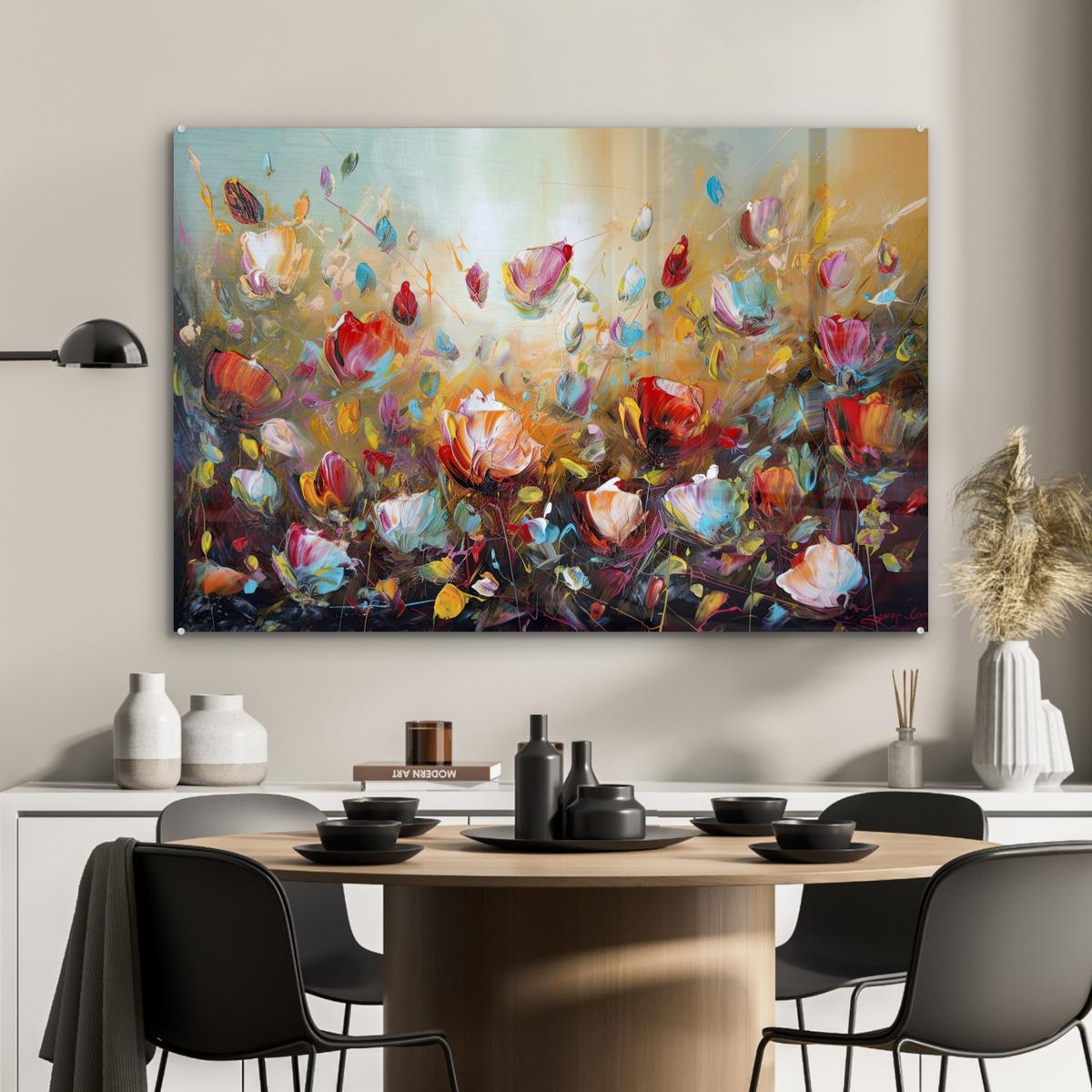 ACRYLGLASBILD Blumen - Kunst - Natur - Ölgemälde Room Decor 90x60 cm - Multicolor, Glas (90/60cm) - MuchoWow