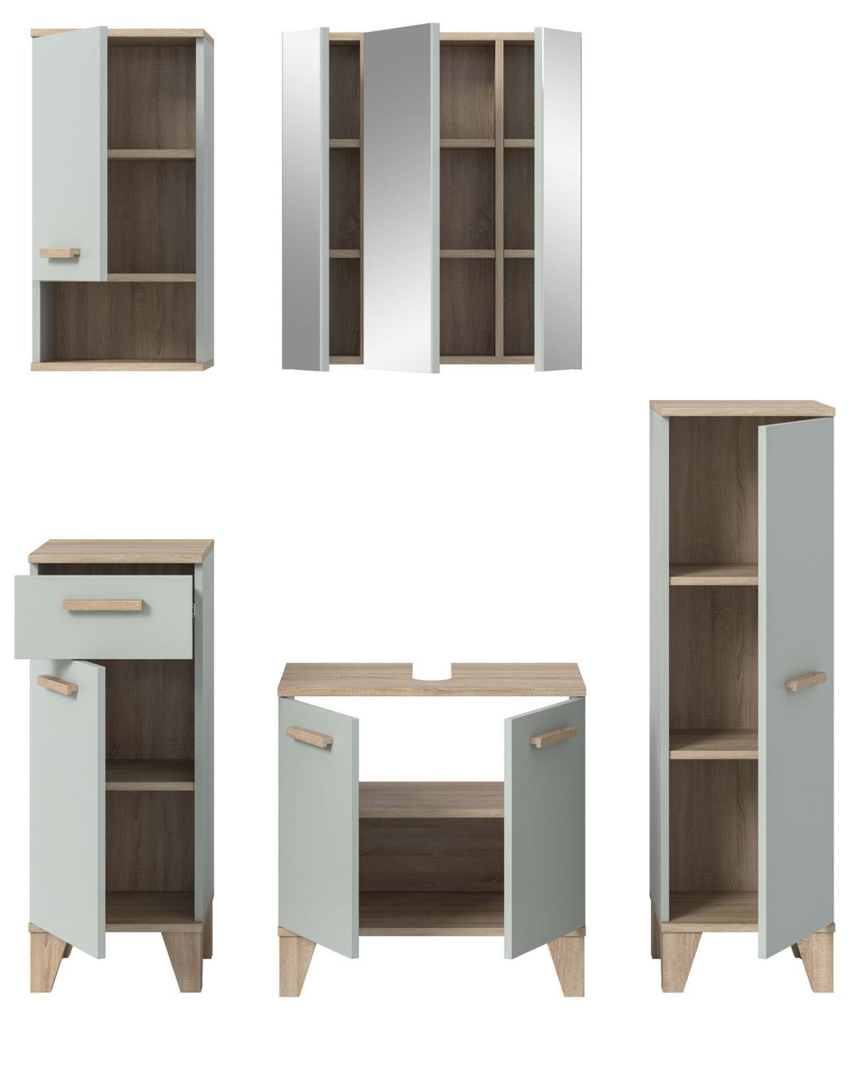 BADMÖBEL-SET 5-teilig grün, Eiche 158 x 190 cm, Komplettset mit viel Stauraum - Eichefarben/Grün, Glas/Holzwerkstoff (158/190/34cm) - Inn.Furn