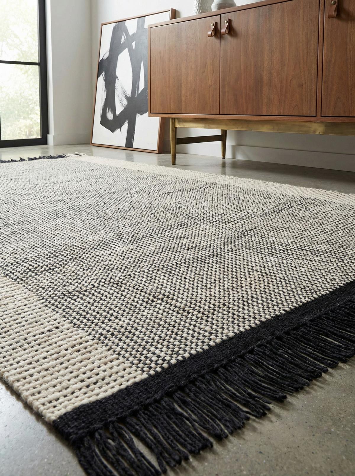 WOLLTEPPICH handgewebt mit Fransen PISA, geometrisch, Schwarz-Weiß, 160 x 230 cm - Grau, Textil (230/160cm) - KADIMA DESIGN