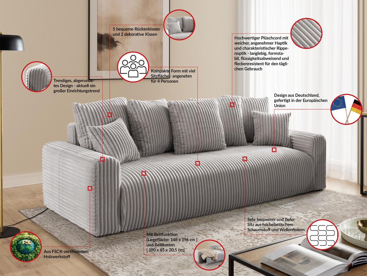 SCHLAFSOFA Calma mit Bettkasten im Bumpy-Design aus weichem Hellgrau Plüschcord - Hellgrau/Schwarz, Holz/Kunststoff (239/88/98cm) - S-Style