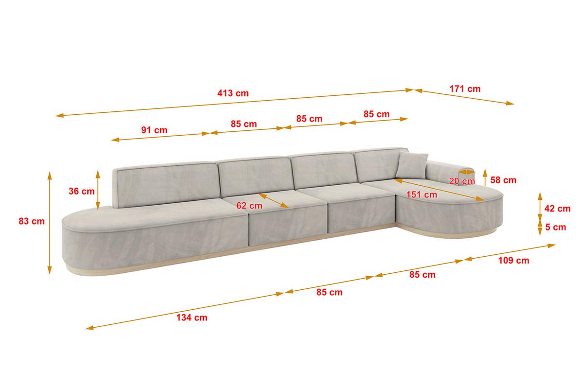 ECKSOFA Ottomane Rechts MARI-L3-v1 - 413x171x83 cm Hellbraun Velours - Hellbraun, Holzwerkstoff/Textil (171/413cm) - ALTDECOR