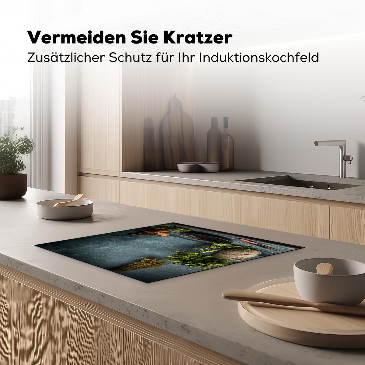 HERDABDECKPLATTE Kräuter - Gewürze - Pfanne - Messer - Grau - Rustikal Ceranfeldabdeckung 59x52 cm - Petrol, Kunststoff (59/52/0.2cm) - MuchoWow