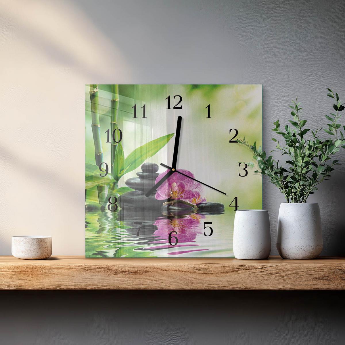 WANDUHR aus Glas 30x30 cm - Spa Orchidee - Grün, Glas (30/30/0.4cm) - TULUP