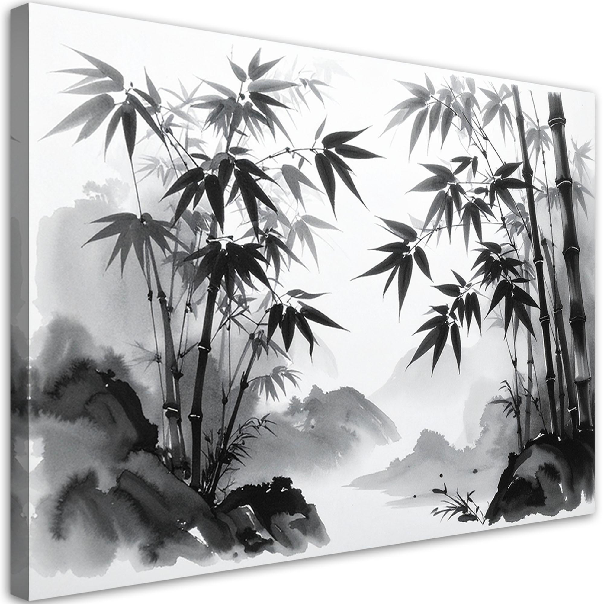 LEINWANDBILD Bambus Berge Japanische Landschaftsmalerei 100x70cm - Schwarz, Textil (100/70cm) - Feeby